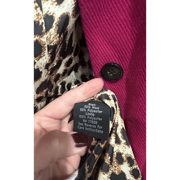 J Peterman Third Act Magenta Wool Blend Coat Size 18 Leopard Print Lined Preppy - Picture 14 of 15